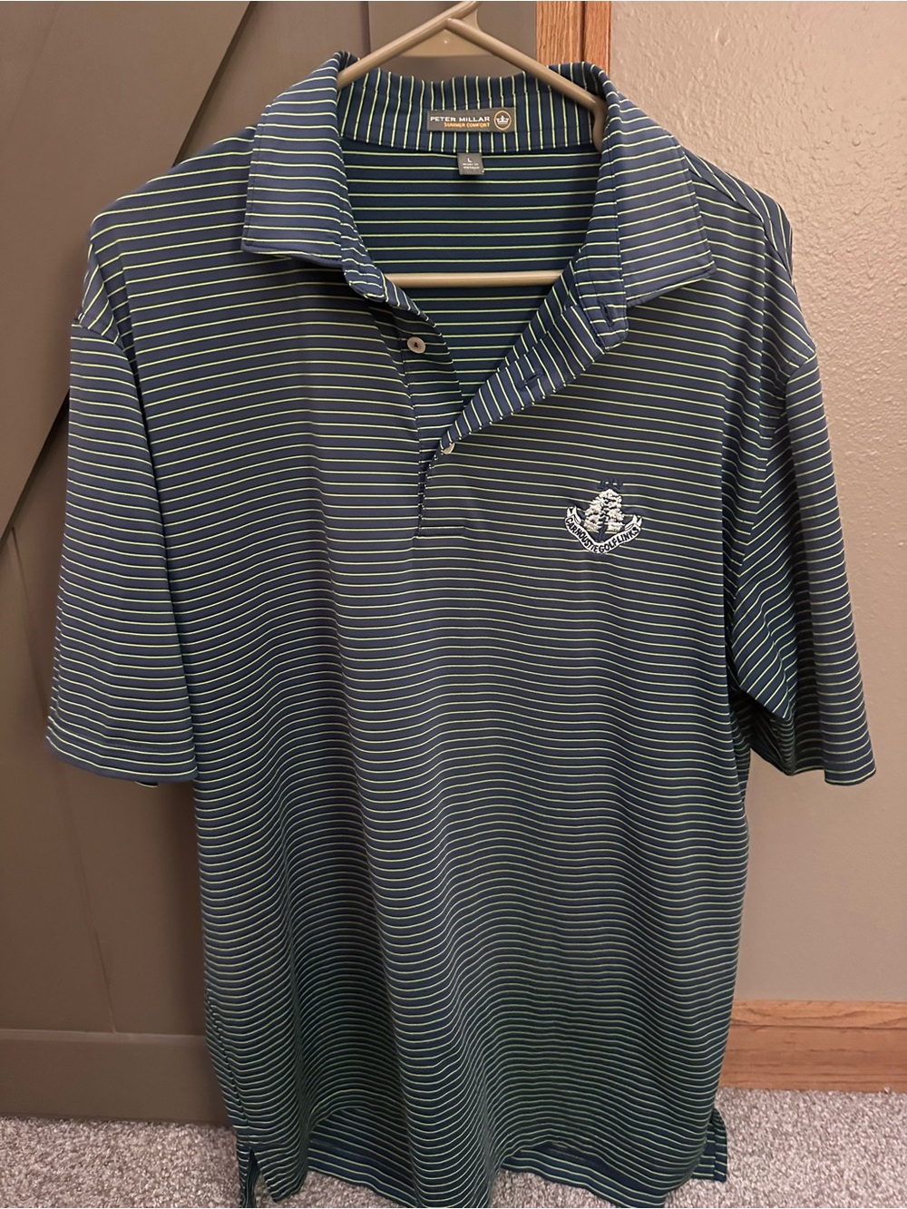 Peter Millar Navy and Green Thin-Striped Polo Shirt - Carnoustie Golf Links